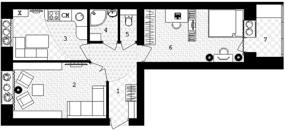  Идея перепланировки 2 комнатной квартиры общей площадью 56,3кв.м. - фото 2